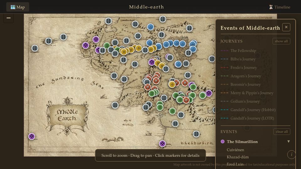 Screenshot of middle-earth-interactive-map.web.app: Show HN: An interactive map of Tolkien's Middle-earth