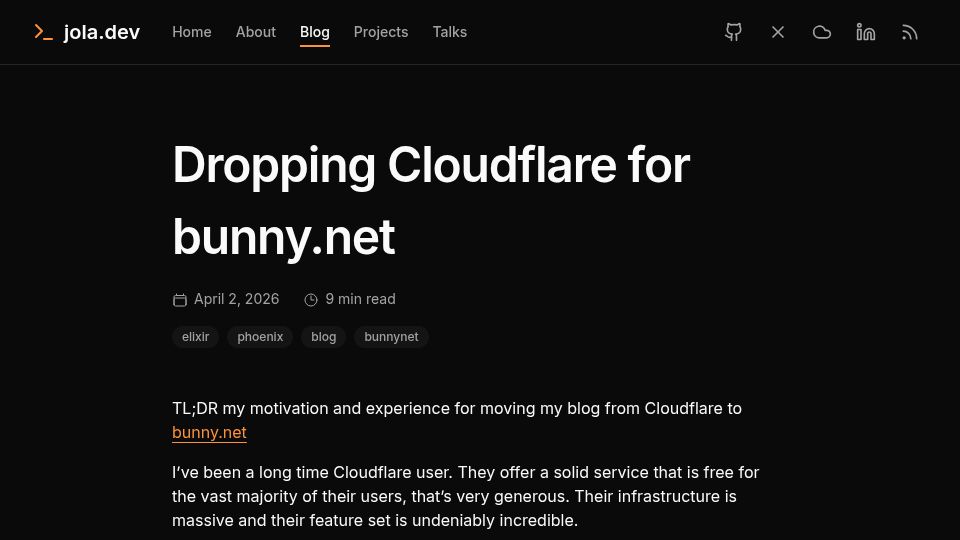 Screenshot of jola.dev: Dropping Cloudflare for Bunny.net
