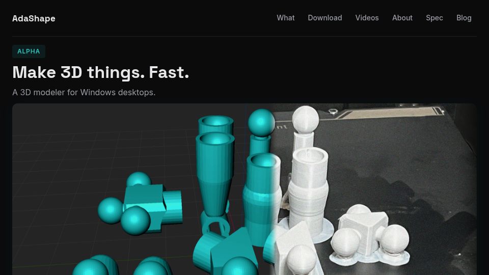 Screenshot of adashape.com: Show HN: AdaShape-3D modeler for intuitive 3D printing parts / Windows 11