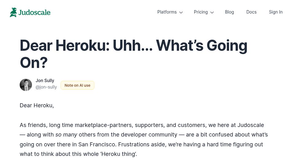 Screenshot of judoscale.com: Dear Heroku: Uhh What's Going On?