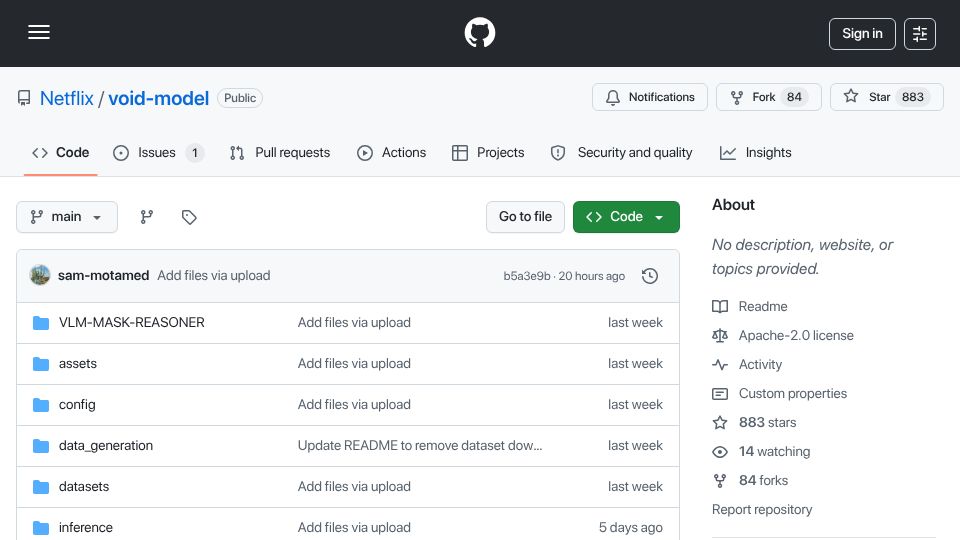 Screenshot of github.com: VOID: Video Object and Interaction Deletion