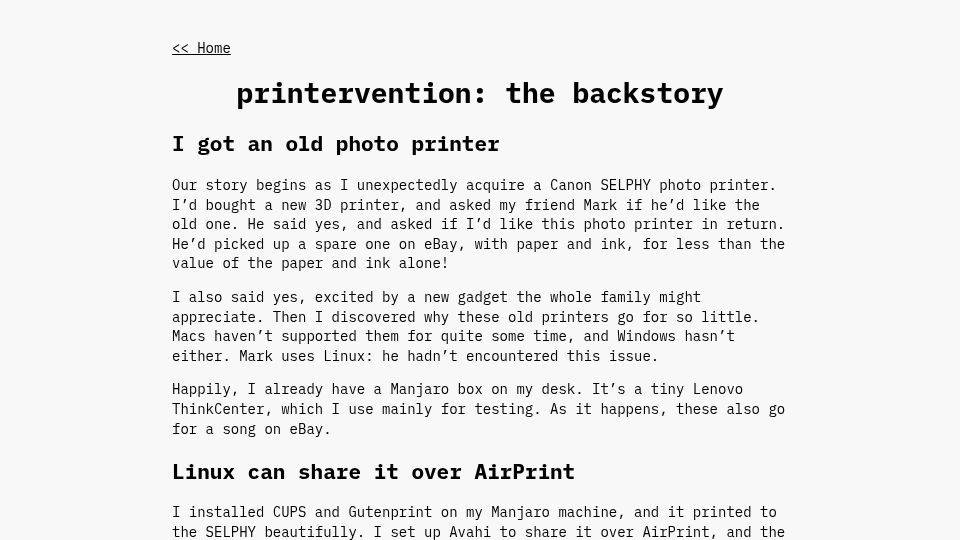 Screenshot of printervention.app: Rescuing old printers with an in-browser Linux VM bridged to WebUSB over USB/IP