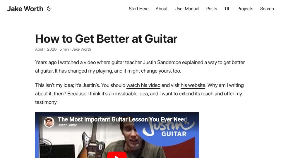 Screenshot of jakeworth.com: How to get better at guitar