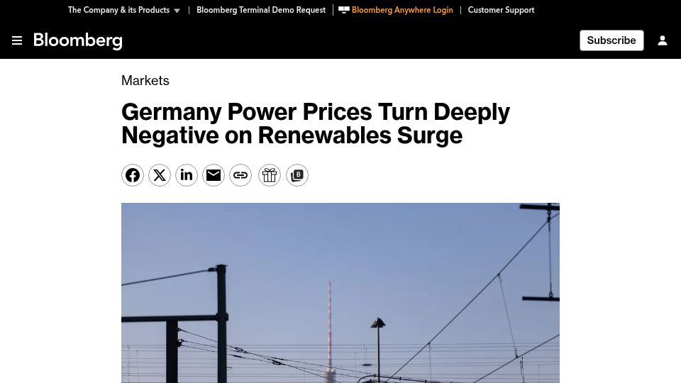 Screenshot of bloomberg.com: Germany Power Prices Turn Deeply Negative on Renewables Surge
