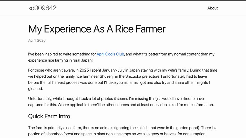 Screenshot of xd009642.github.io: My Experience as a Rice Farmer