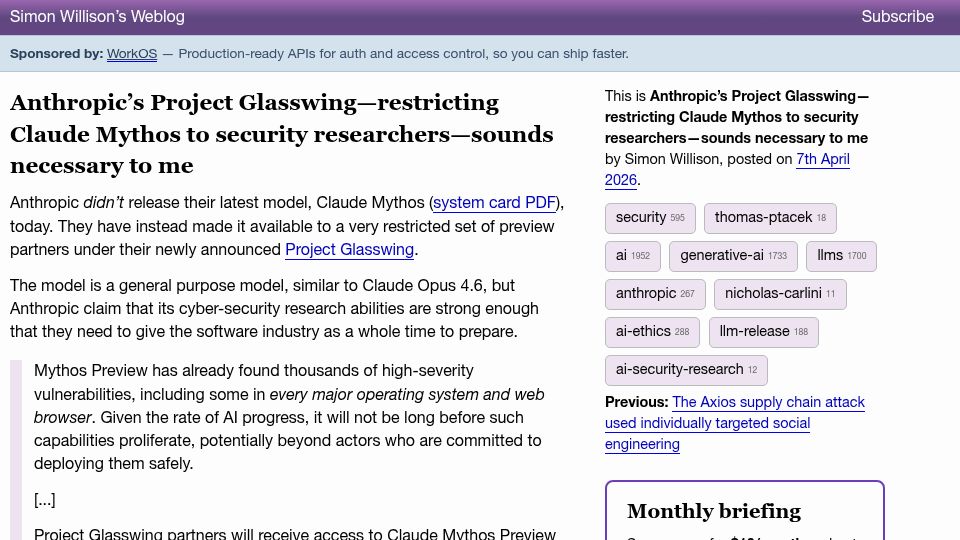 Screenshot of simonwillison.net: Anthropic's Project Glasswing sounds necessary to me