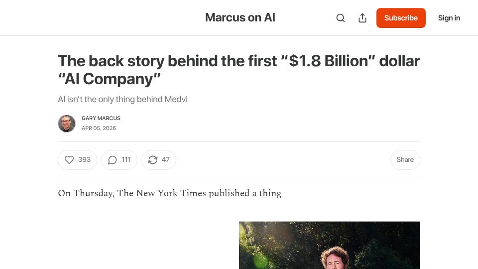 Screenshot of garymarcus.substack.com: The back story behind the first "$1.8B" dollar "AI Company"