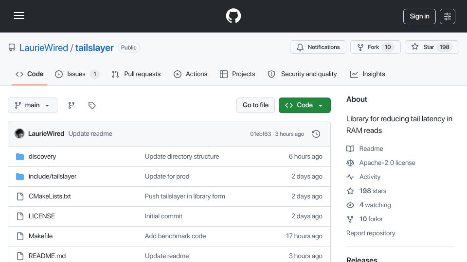 Screenshot of github.com: Tailslayer: Library for reducing tail latency in RAM reads