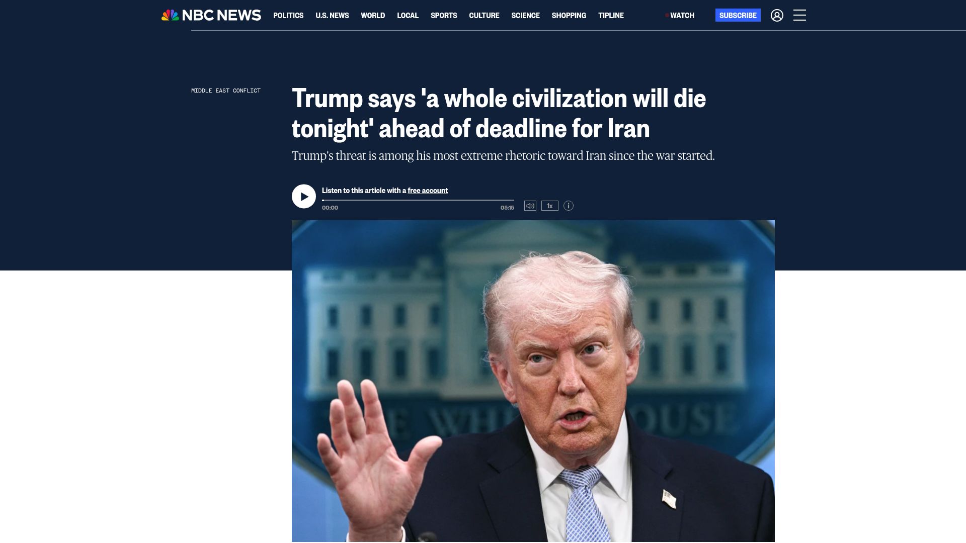 Screenshot of nbcnews.com: A whole civilization might die tonight