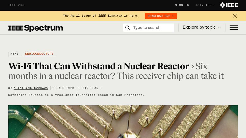 Screenshot of spectrum.ieee.org: Wi-Fi That Can Withstand a Nuclear Reactor: This receiver chip can take it