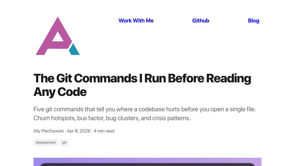 Screenshot of piechowski.io: Git commands I run before reading any code