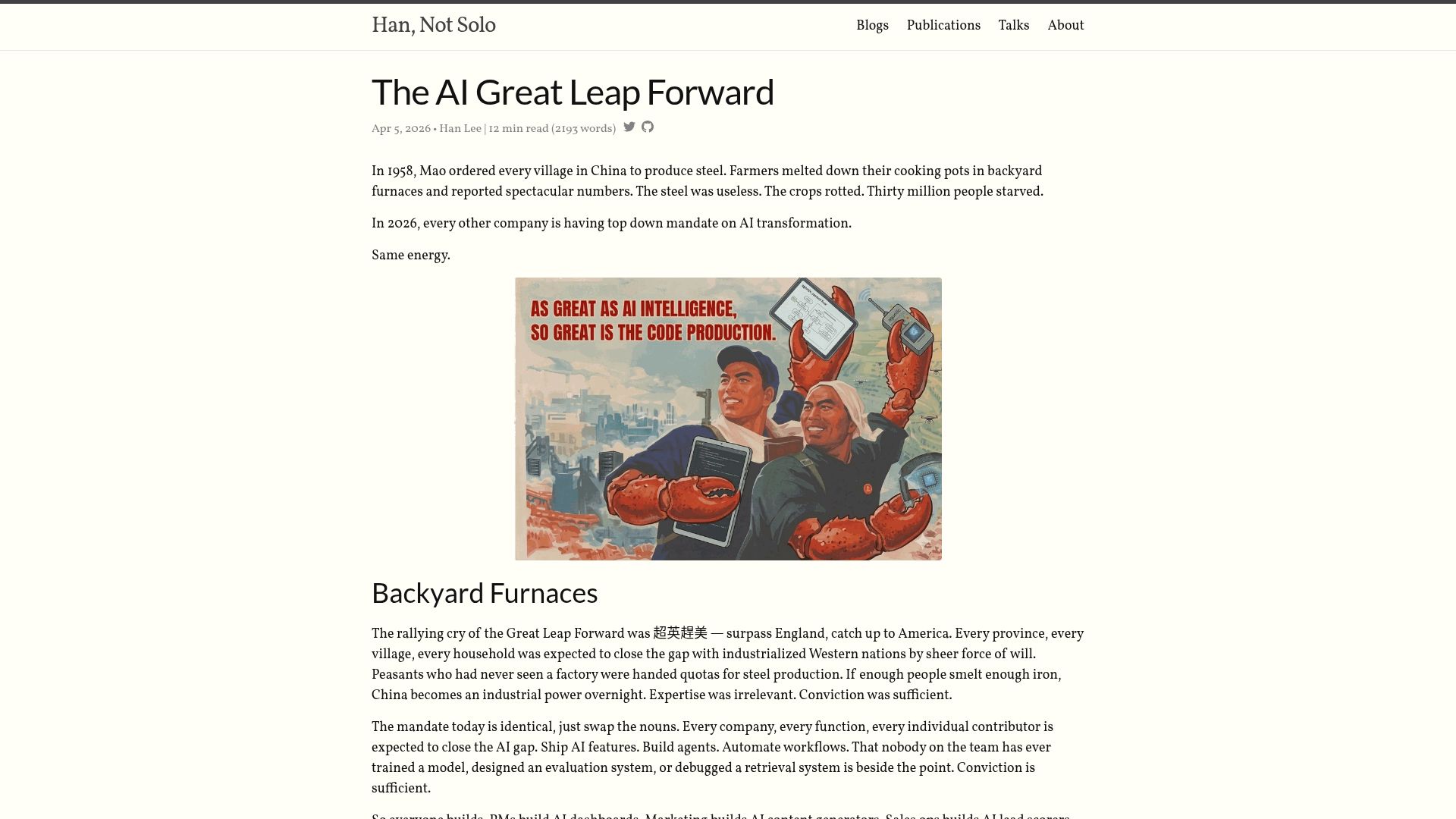 Screenshot of leehanchung.github.io: The AI Great Leap Forward