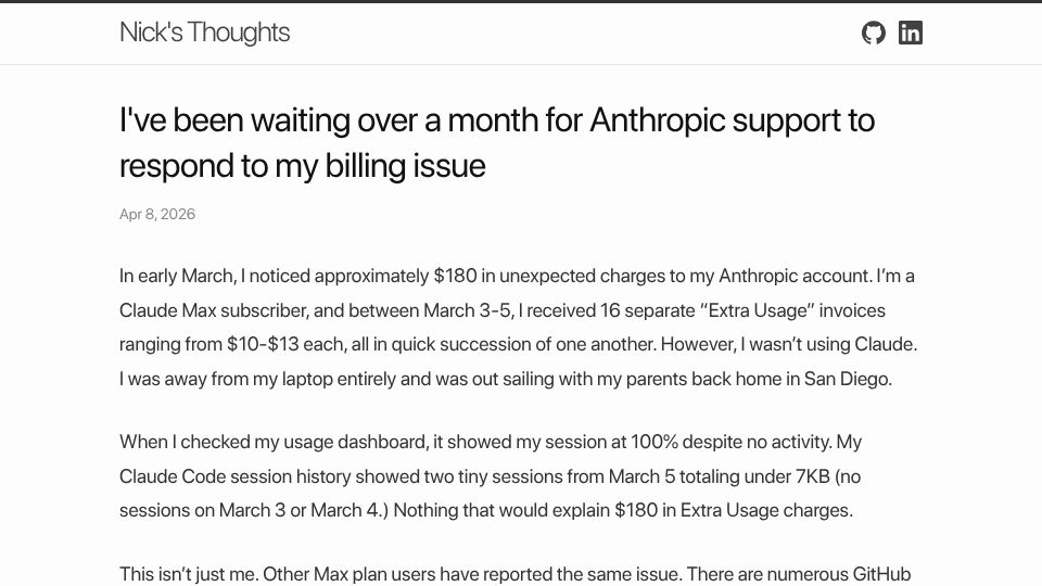 Screenshot of nickvecchioni.github.io: I've been waiting over a month for Anthropic to respond to my billing issue