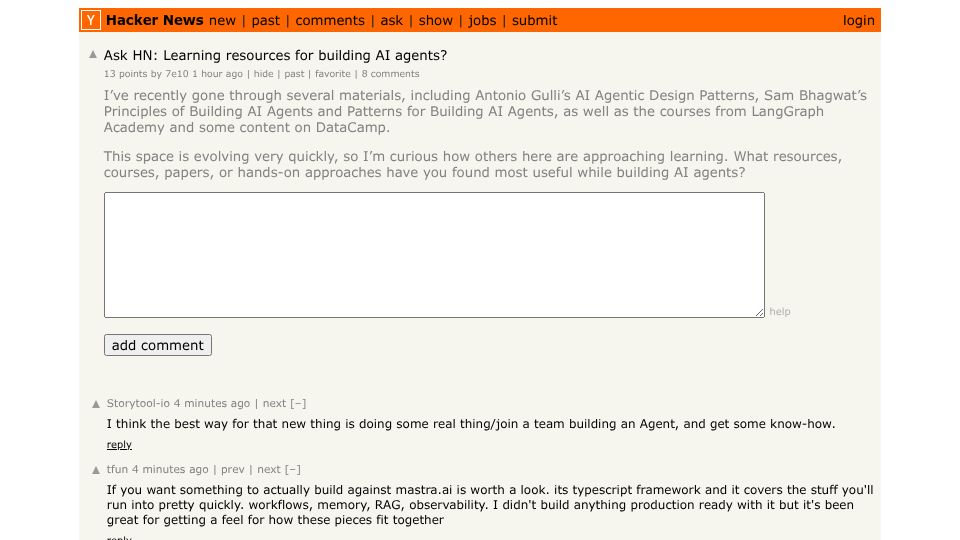 Screenshot of Hacker News post: Ask HN: Learning resources for building AI agents?