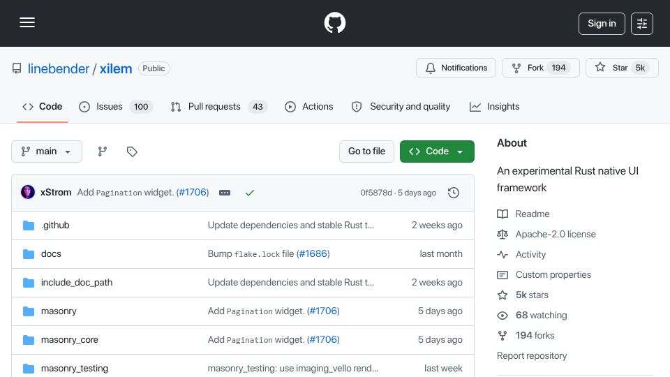 Screenshot of github.com: Xilem – An experimental Rust native UI framework