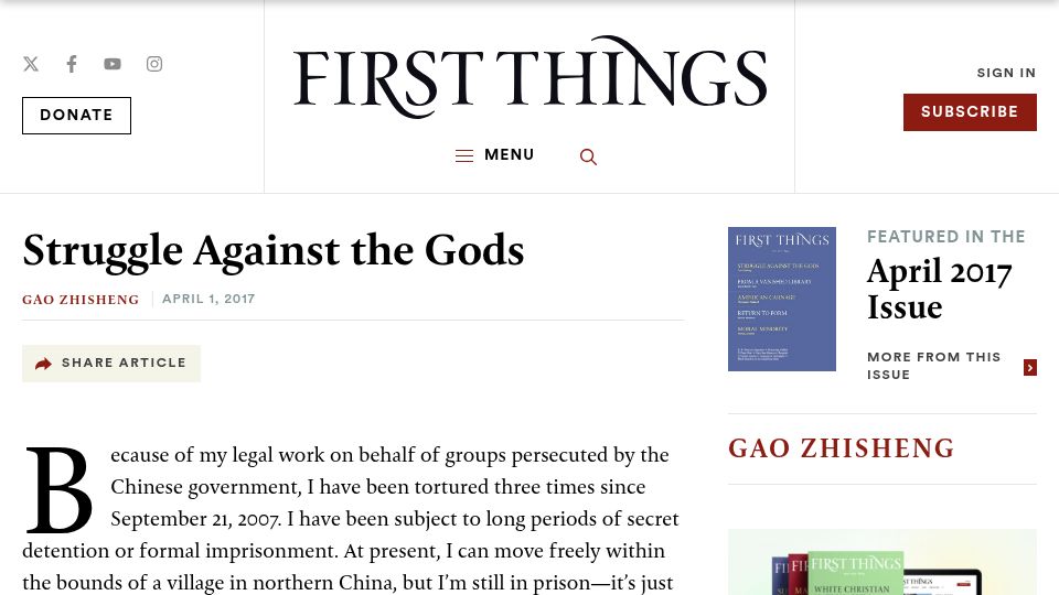 Screenshot of firstthings.com: Struggle Against the Gods