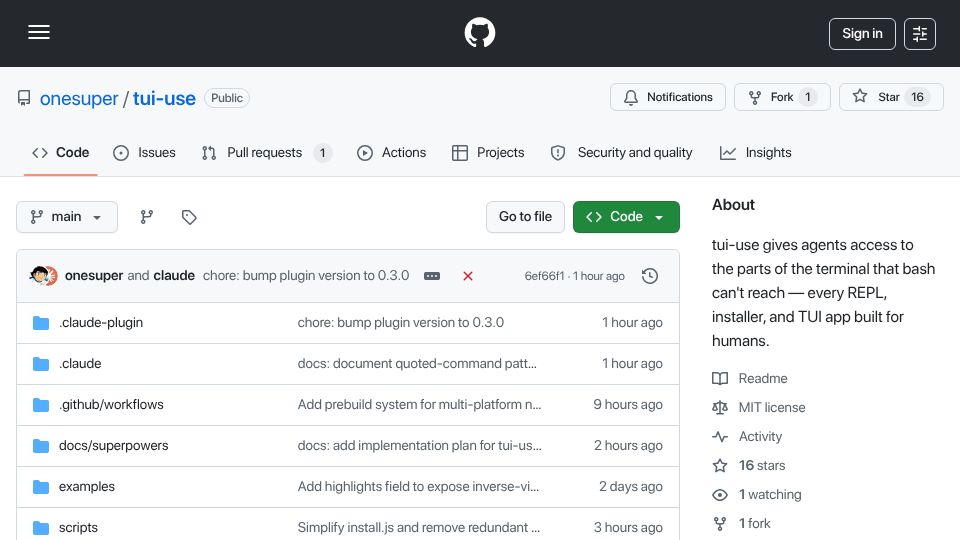 Screenshot of github.com: Show HN: TUI-use: Let AI agents control interactive terminal programs