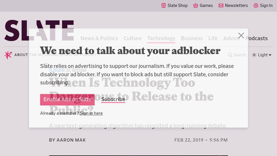 Screenshot of slate.com: OpenAI says its new model GPT-2 is too dangerous to release (2019)