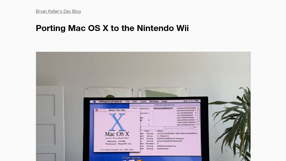 Screenshot of bryankeller.github.io: I ported Mac OS X to the Nintendo Wii