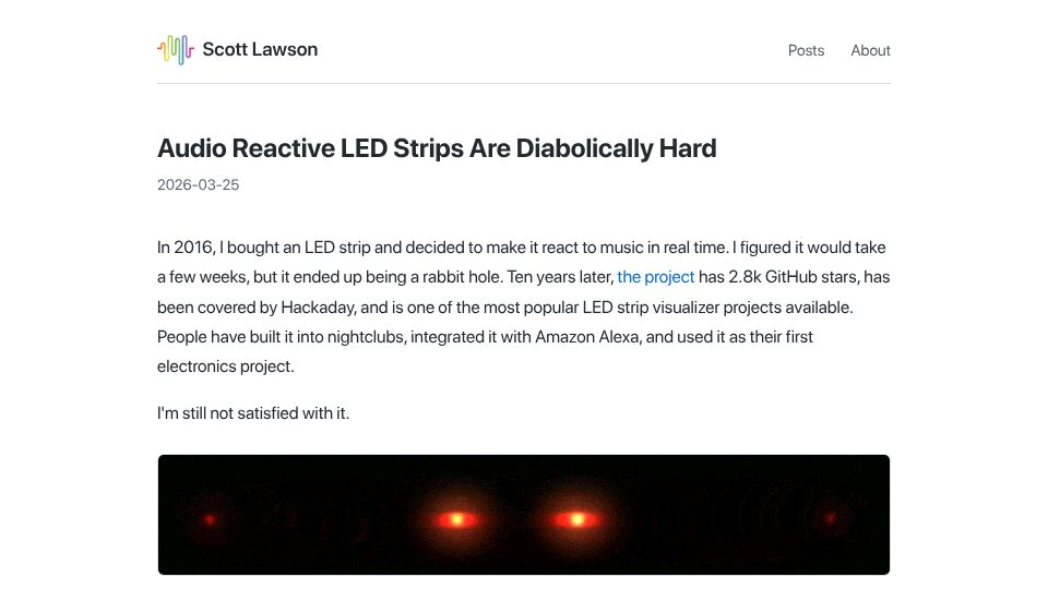 Screenshot of scottlawsonbc.com: Audio Reactive LED Strips Are Diabolically Hard