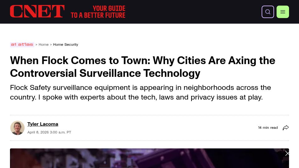 Screenshot of cnet.com: US cities are axing Flock Safety surveillance technology