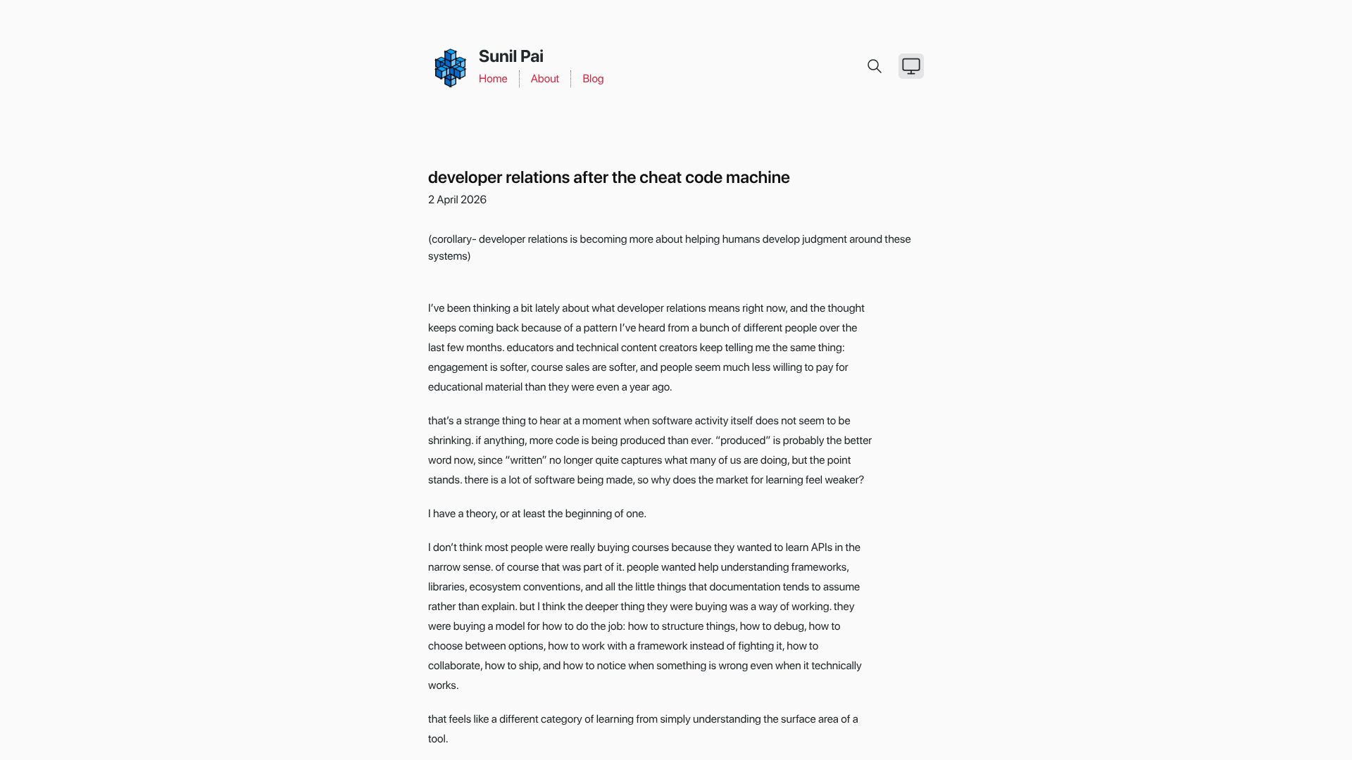 Screenshot of sunilpai.dev: Developer relations after the cheat code machine
