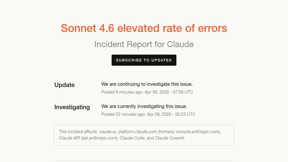 Screenshot of status.claude.com: Sonnet 4.6 Elevated Rate of Errors
