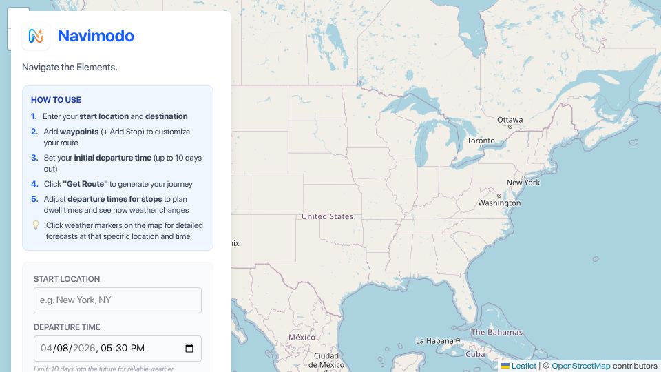 Screenshot of navimodo.com: Show HN: I built a navigation app that displays weather along the route
