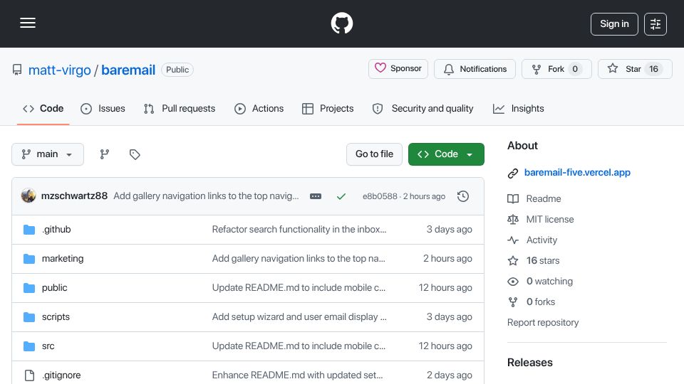 Screenshot of github.com: Show HN: BAREmail ʕ·ᴥ·ʔ – minimalist Gmail client for bad WiFi