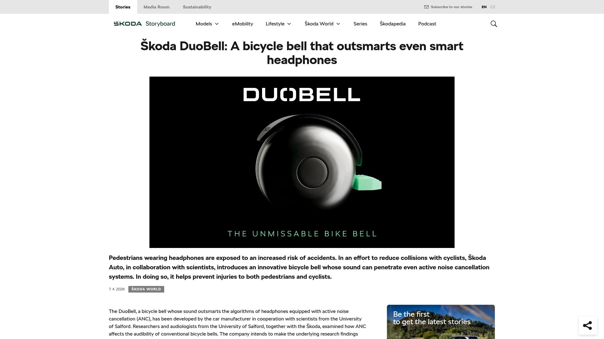 Screenshot of skoda-storyboard.com: Škoda DuoBell: A bicycle bell that penetrates noise-cancelling headphones