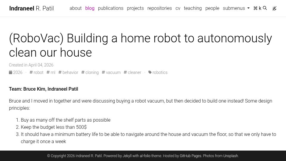 Screenshot of indraneelpatil.github.io: Show HN: We built a camera only robot vacuum for less than 300$ (Well almost)