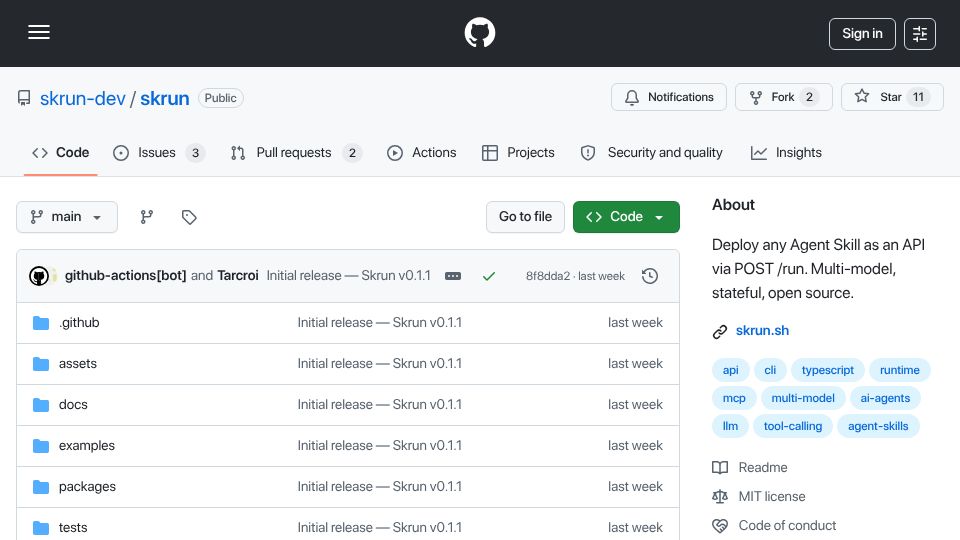 Screenshot of github.com: Show HN: Skrun – Deploy any agent skill as an API