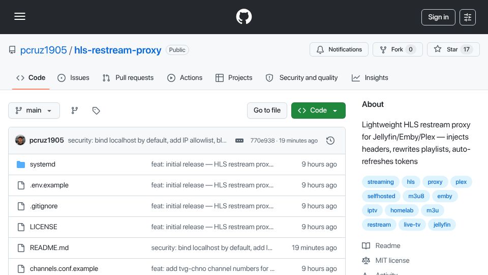 Screenshot of github.com: Show HN: I pipe free sports streams into Jellyfin – no ads, just HLS