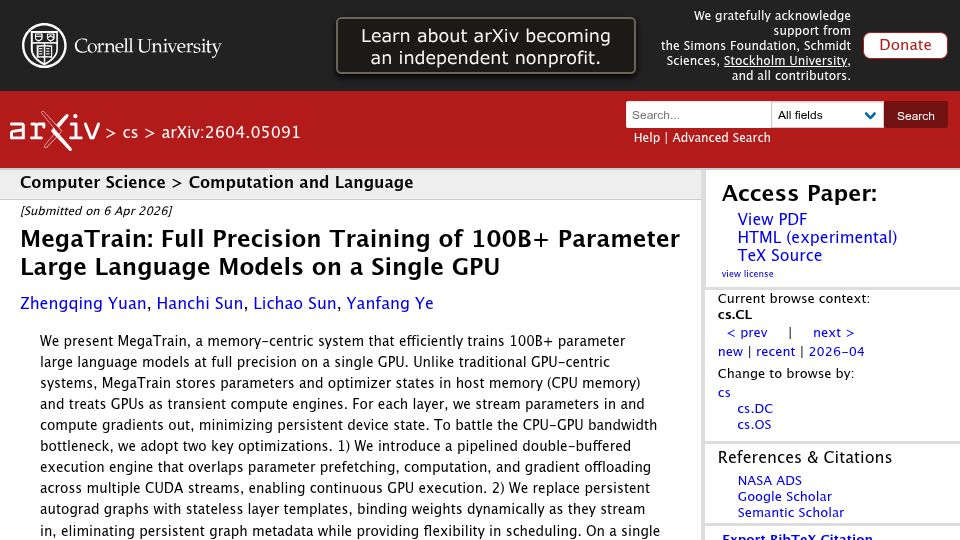 Screenshot of arxiv.org: MegaTrain: Full Precision Training of 100B+ Parameter LLMs on a Single GPU