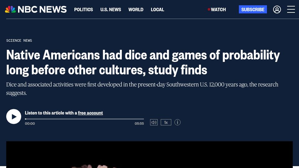 Screenshot of nbcnews.com: Native Americans had dice 12k years ago