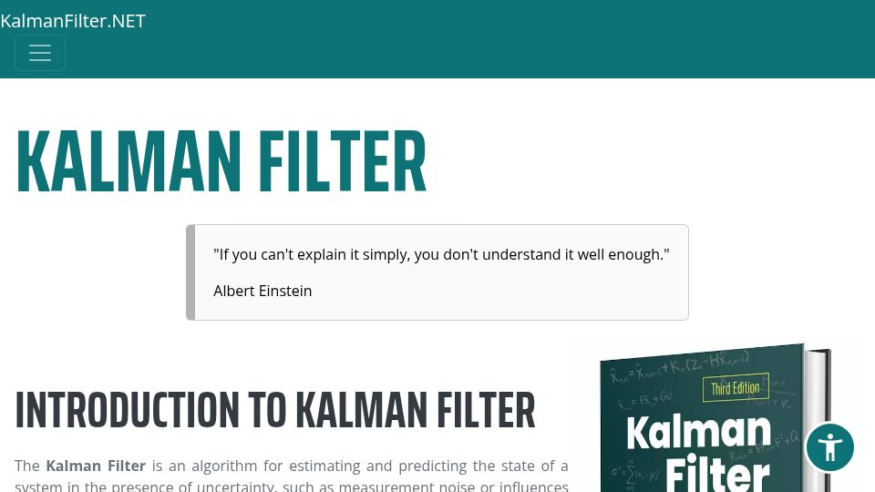 Screenshot of kalmanfilter.net: Understanding the Kalman filter with a simple radar example