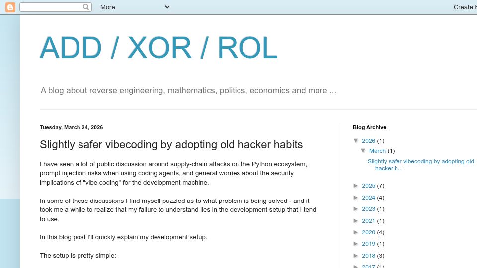 Screenshot of addxorrol.blogspot.com: Slightly safer vibecoding by adopting old hacker habits