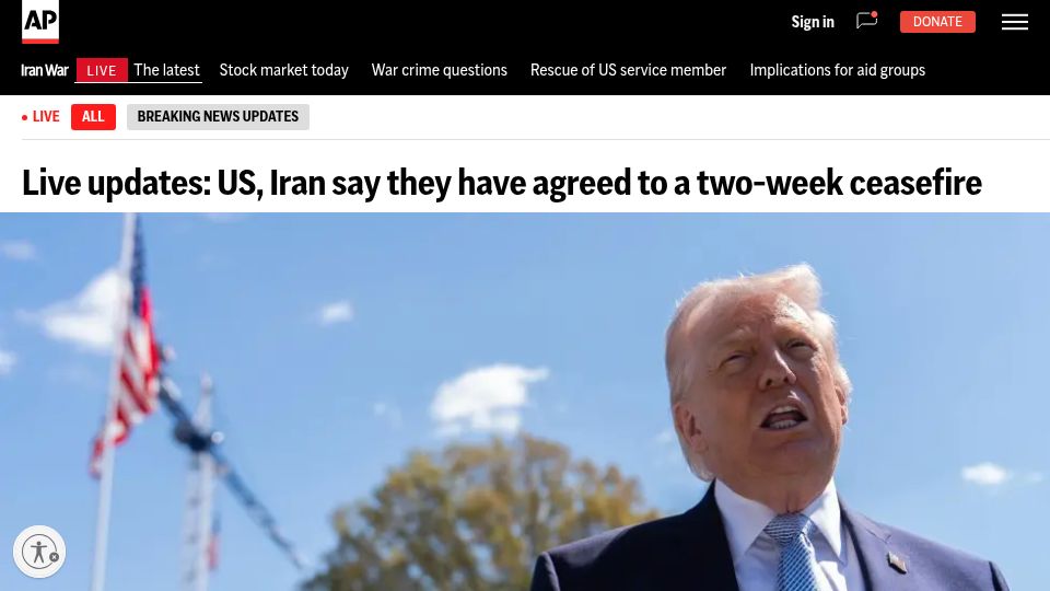 Screenshot of apnews.com: US, Iran say they have agreed to a two-week ceasefire