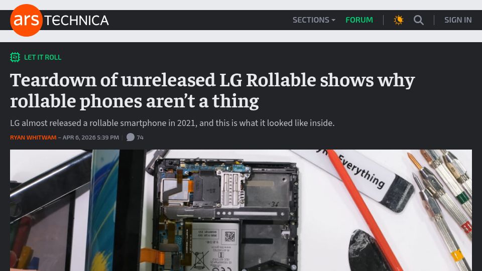 Screenshot of arstechnica.com: Teardown of unreleased LG Rollable shows why rollable phones aren't a thing