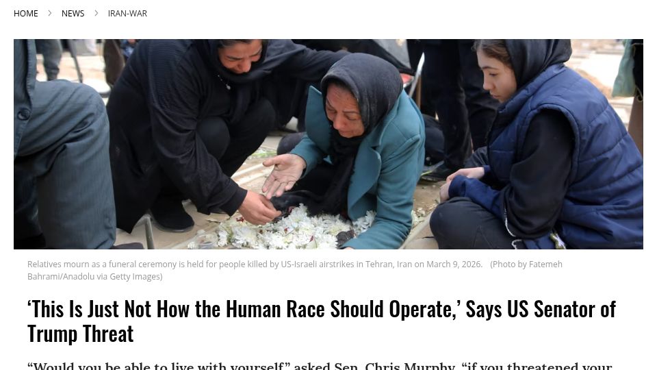 Screenshot of commondreams.org: 'This Is Just Not How the Human Race Should Operate,' Says US Senator
