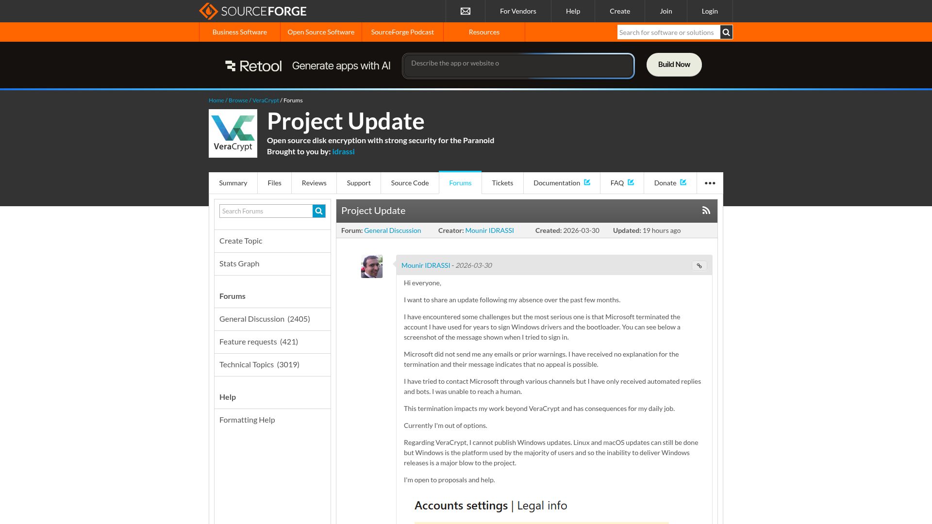 Screenshot of sourceforge.net: Veracrypt project update