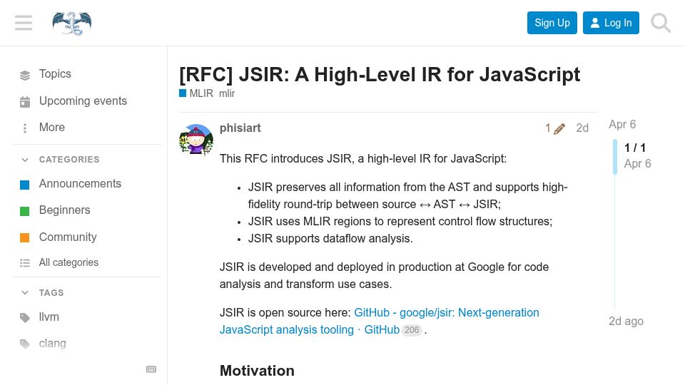 Screenshot of discourse.llvm.org: JSIR: A High-Level IR for JavaScript
