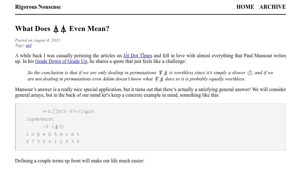 Screenshot of blog.wilsonb.com: What does ⍋⍋ even mean? (2023)