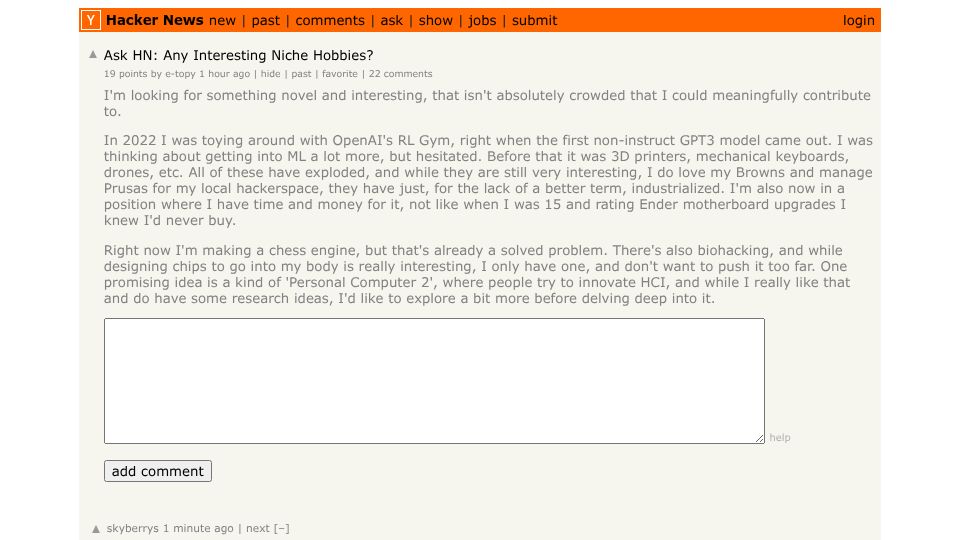 Screenshot of Hacker News post: Ask HN: Any interesting niche hobbies?