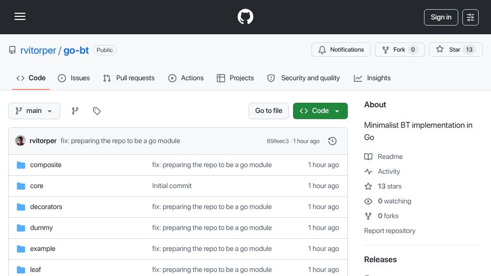Screenshot of github.com: Show HN: Go-Bt: Minimalist Behavior Trees for Go