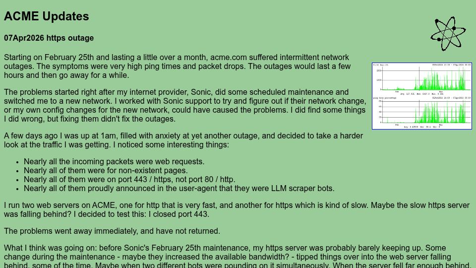 Screenshot of acme.com: LLM scraper bots are overloading acme.com's HTTPS server