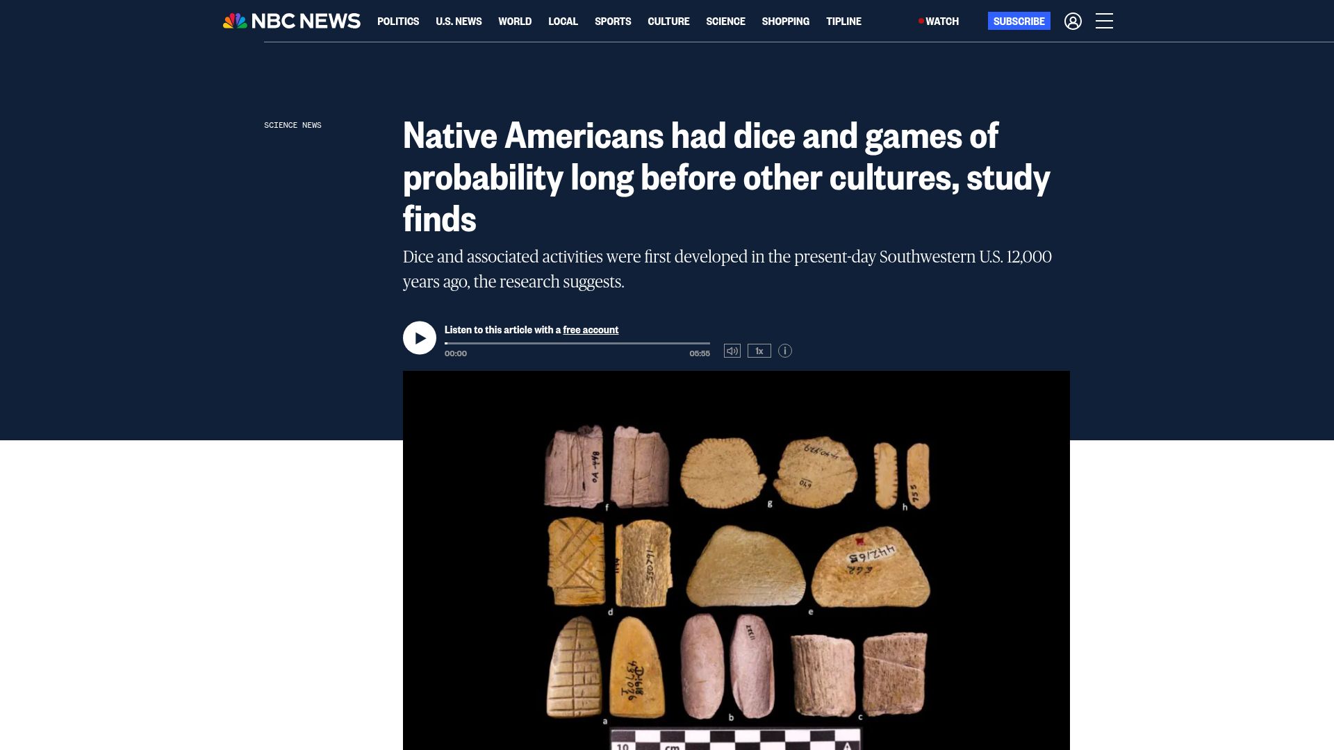 Screenshot of nbcnews.com: Native Americans had dice 12k years ago