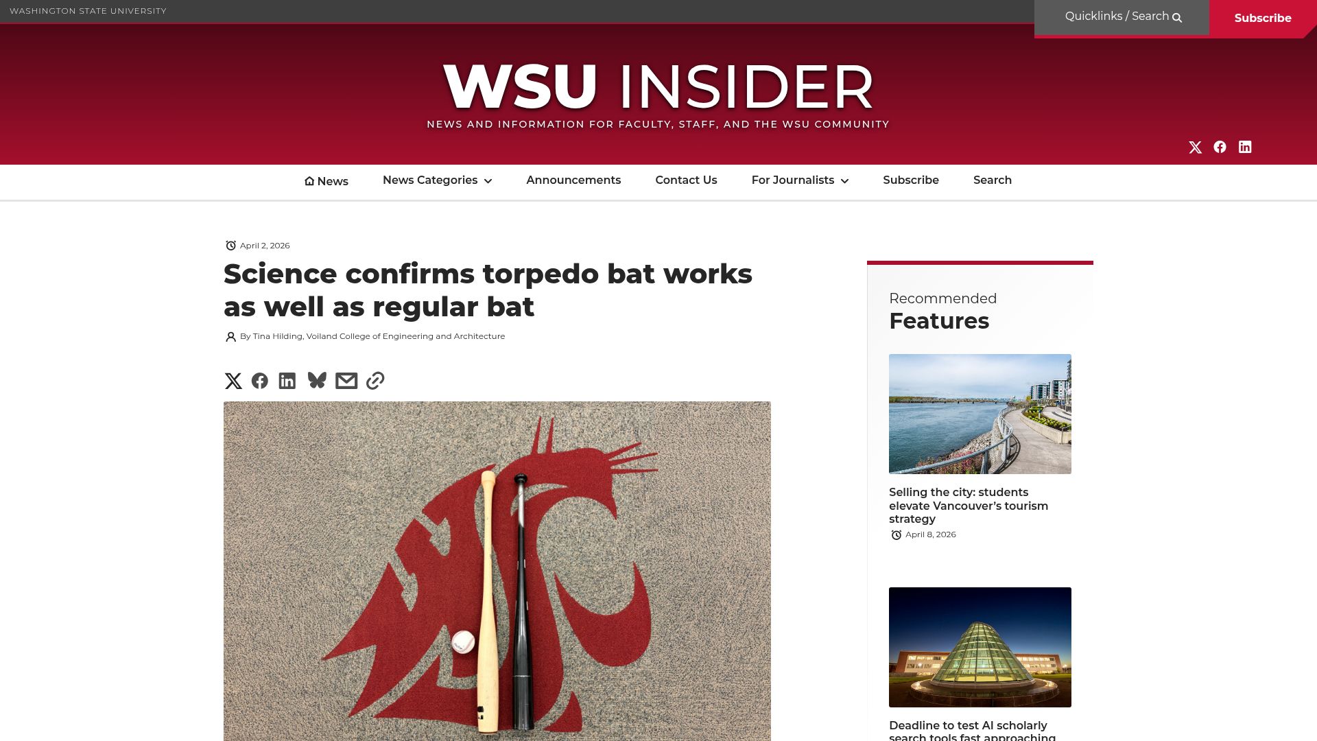Screenshot of news.wsu.edu: Study investigates how mass distribution of baseball bat affects performance