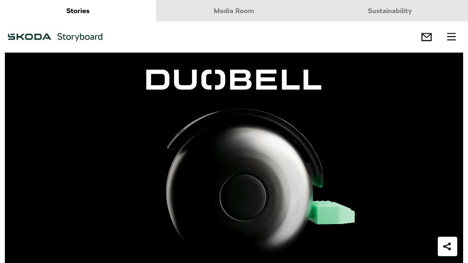 Screenshot of skoda-storyboard.com: Škoda DuoBell: A bicycle bell that penetrates noise-cancelling headphones