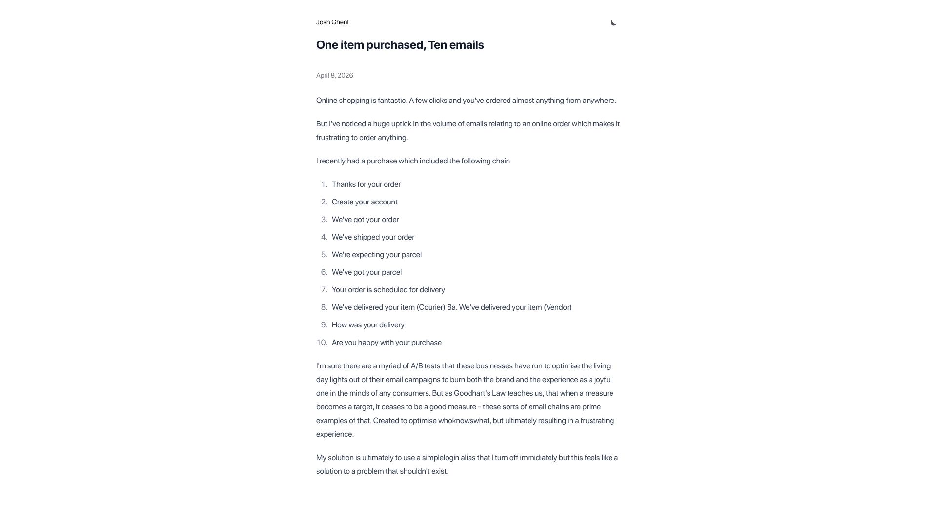 Screenshot of joshghent.com: One item purchased, ten emails